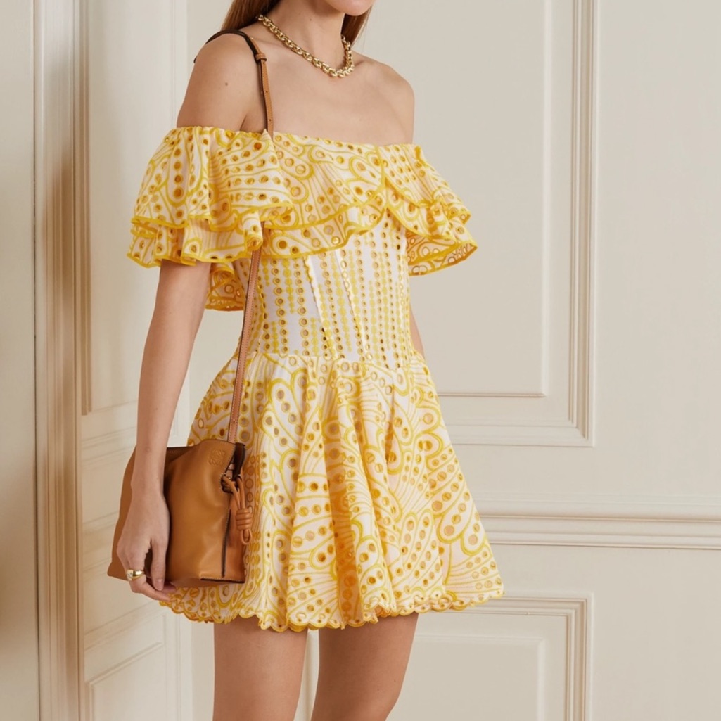 Nwt Charo Ruiz Dalia Yellow Off The Shoulder Ruffled Broderie Mini Dress